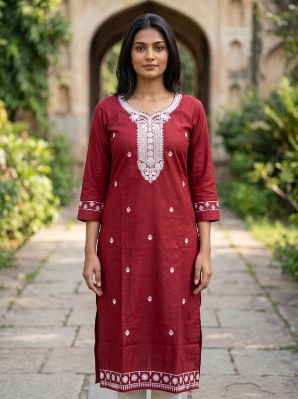 Red Cotton Embroidered Kurti for Women (Straight Fit) Thumbnail