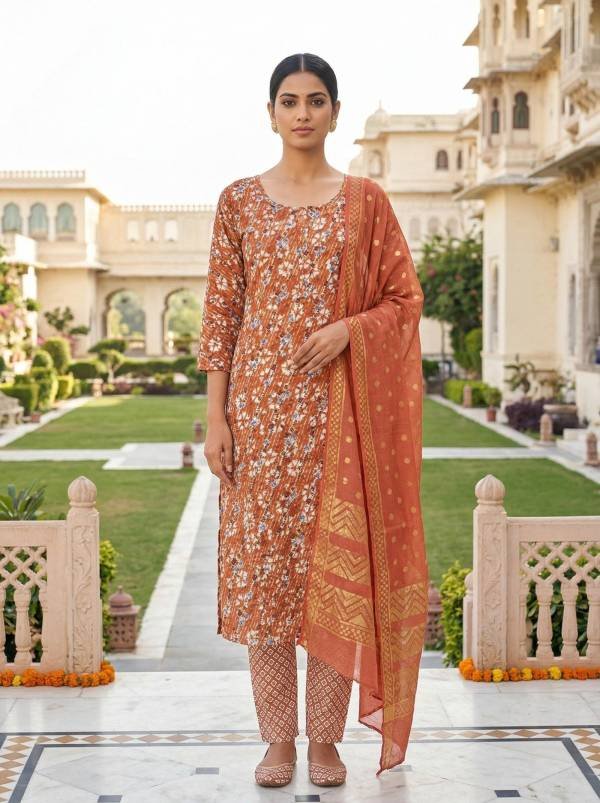 Rust Orange Cotton Printed Kurti Pant Dupatta Set (3 Pc Ethnic Set)
