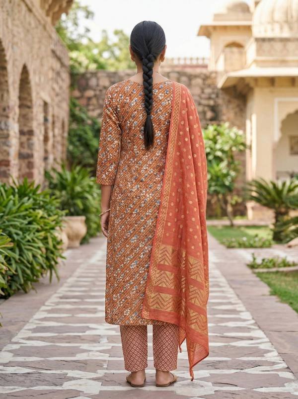 Rust Orange Cotton Printed Kurti Pant Dupatta Set (3 Pc Ethnic Set) Thumbnail