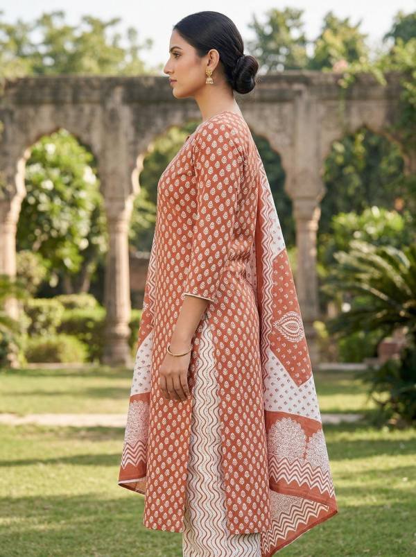 Rust Brown Cotton Printed Kurti Pant Dupatta Set (3 Pc Ethnic Set)