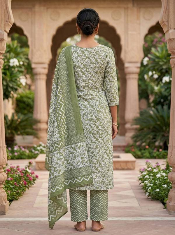 Olive Green Cotton Printed Kurti Pant Dupatta Set (3 Pc Ethnic Set) Thumbnail