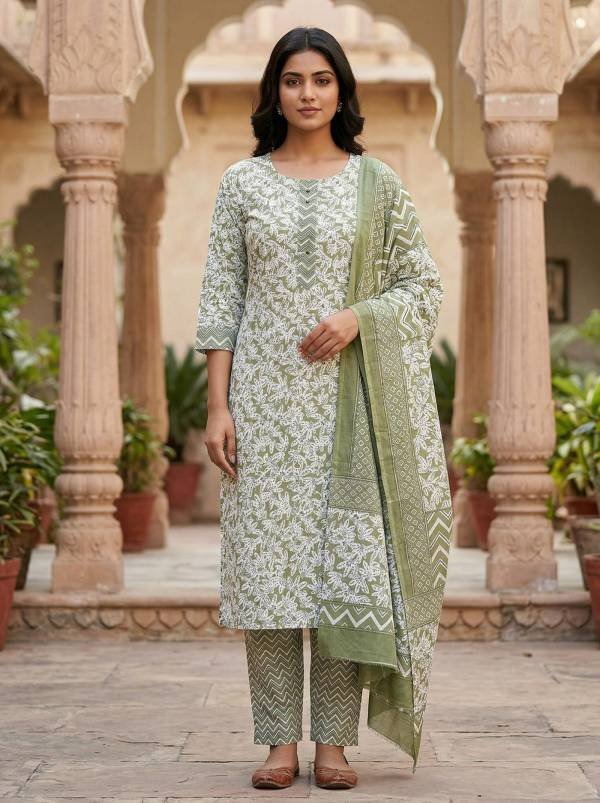 Olive Green Cotton Printed Kurti Pant Dupatta Set (3 Pc Ethnic Set) Thumbnail
