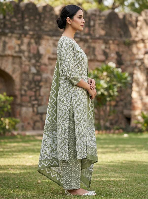 Olive Green Cotton Printed Kurti Pant Dupatta Set (3 Pc Ethnic Set) Thumbnail