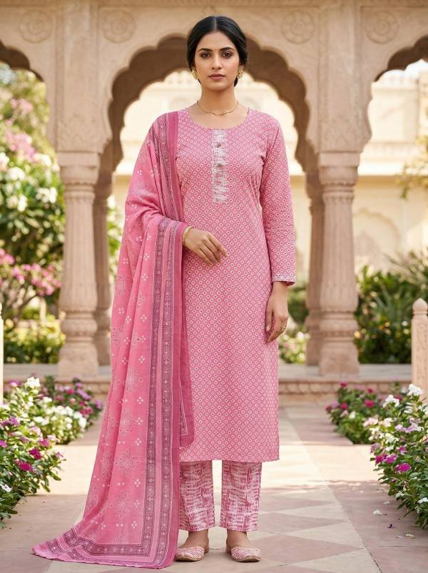 Pink Cotton Printed Kurti Pant Dupatta Set (3 Pc Ethnic Set)