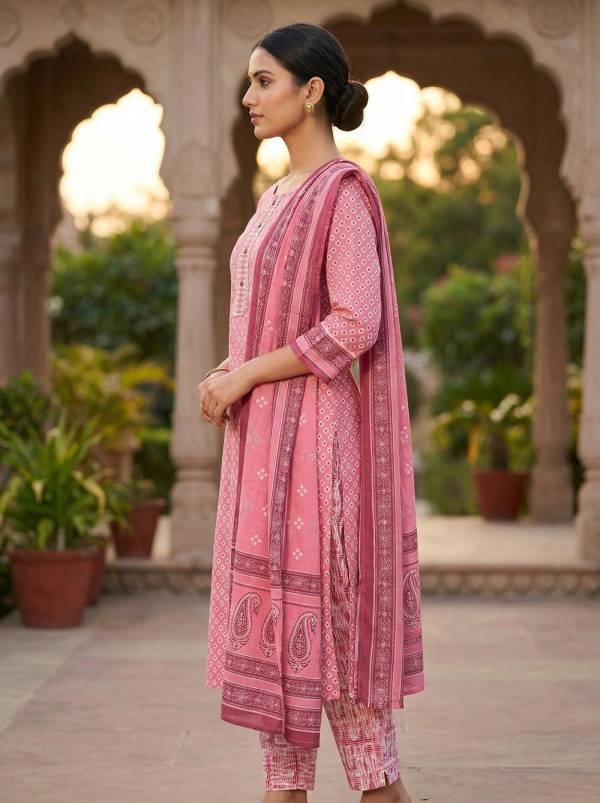 Pink Cotton Printed Kurti Pant Dupatta Set (3 Pc Ethnic Set) Thumbnail