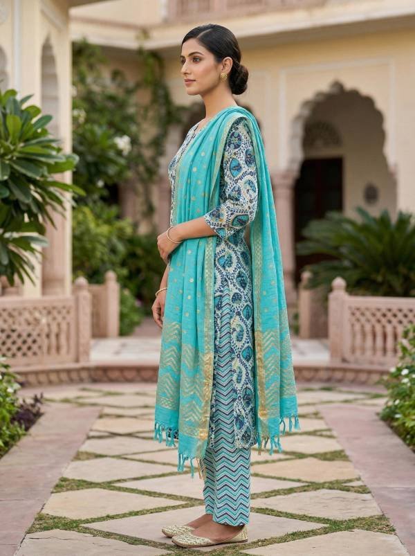 Sky Blue Cotton Printed Kurti Pant Dupatta Set (3 Pc Ethnic Set) Thumbnail