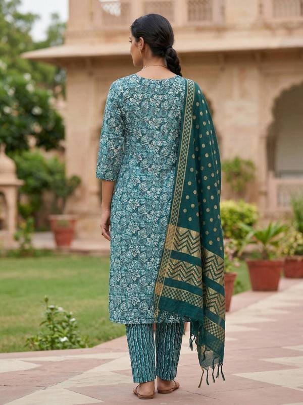 Teal Green Cotton Printed Kurti Pant Dupatta Set (3 Pc Ethnic Set) Thumbnail