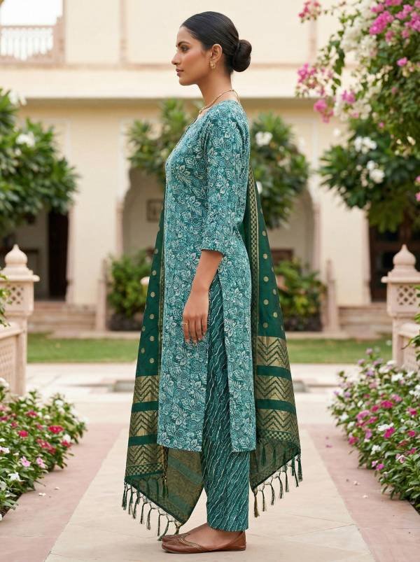 Teal Green Cotton Printed Kurti Pant Dupatta Set (3 Pc Ethnic Set) Thumbnail
