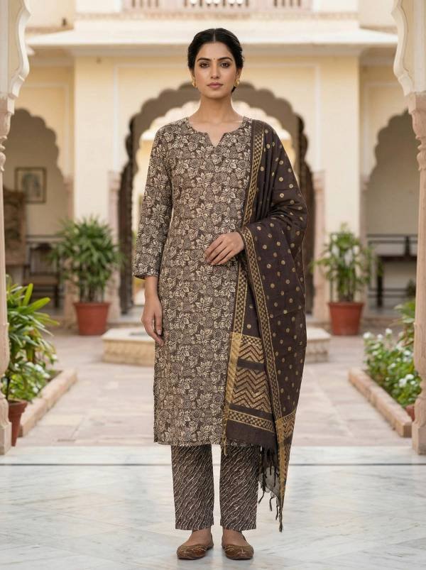 Brown Cotton Printed Kurti Pant Dupatta Set (3 Pc Ethnic Set)