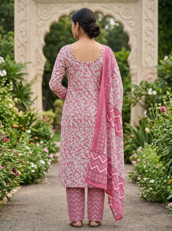 Dusty Pink Cotton Printed Kurti Pant Dupatta Set (3 Pc Ethnic Set) Thumbnail