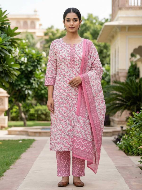 Dusty Pink Cotton Printed Kurti Pant Dupatta Set (3 Pc Ethnic Set)