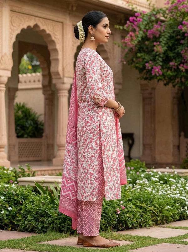 Dusty Pink Cotton Printed Kurti Pant Dupatta Set (3 Pc Ethnic Set) Thumbnail