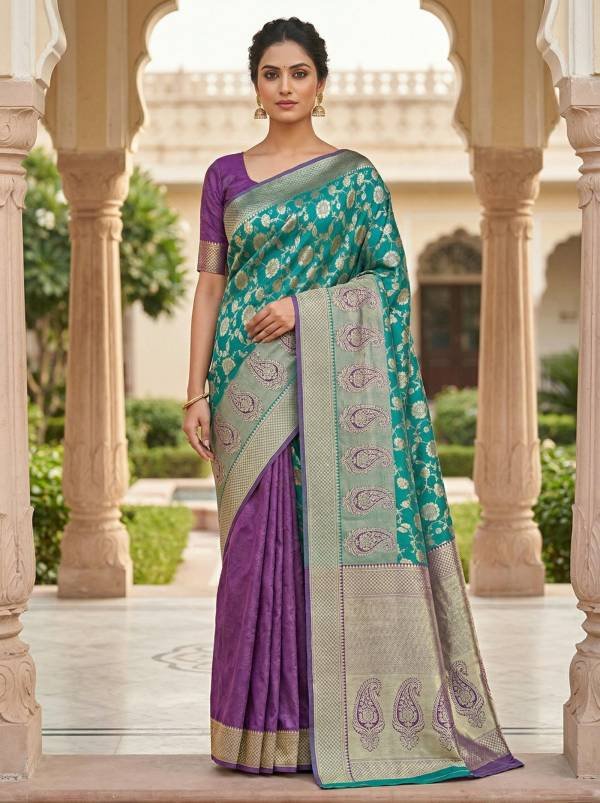 Teal Green & Purple Banarasi Style Silk Saree with Zari Border & Pallu Thumbnail