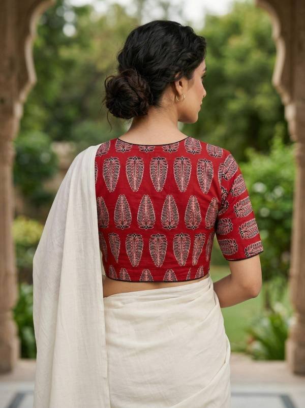 Red Ajrakh Leaf Printed Cotton Blouse Half Sleeve (Size 30–42)