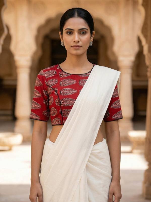 Red Ajrakh Leaf Printed Cotton Blouse Half Sleeve (Size 30–42) Thumbnail