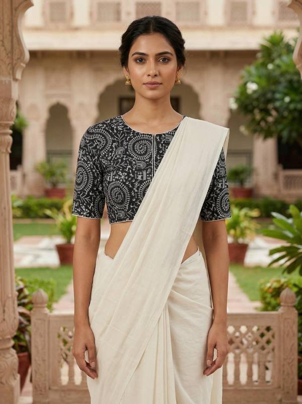 Black Madhubani Printed Cotton Blouse Half Sleeve (Size 30–42) Thumbnail