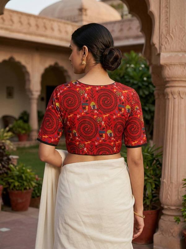 Red Madhubani Printed Cotton Blouse Half Sleeve (Size 30–42)