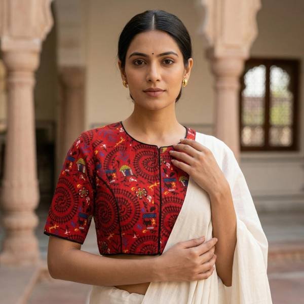 Red Madhubani Printed Cotton Blouse Half Sleeve (Size 30–42) Thumbnail