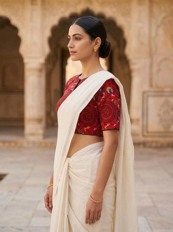 Red Madhubani Printed Cotton Blouse Half Sleeve (Size 30–42) Thumbnail