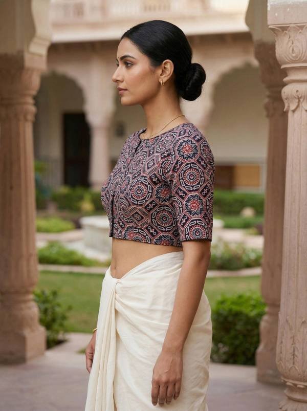 Black Ajrakh Printed Cotton Blouse Half Sleeve (Size 30–42) Thumbnail