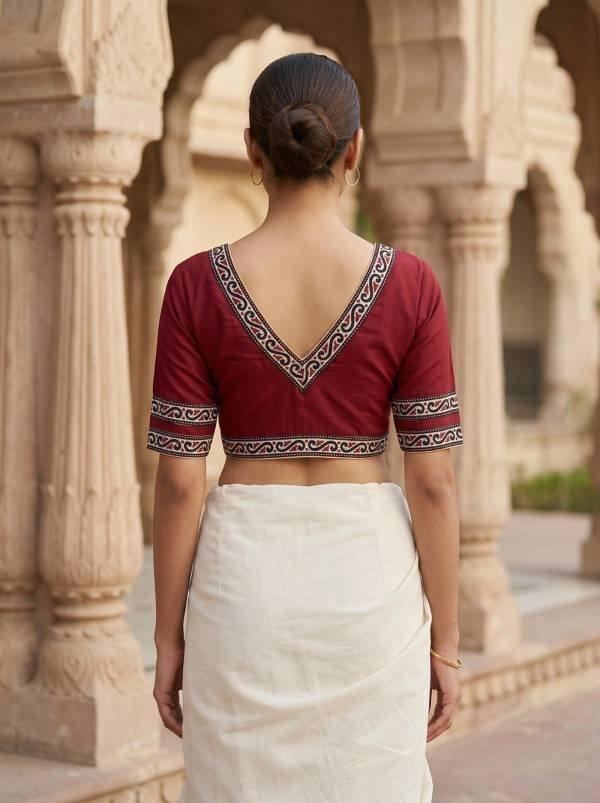 Maroon Pure Cotton Designer Blouse with Back V Neck & Border (Size 30–44)