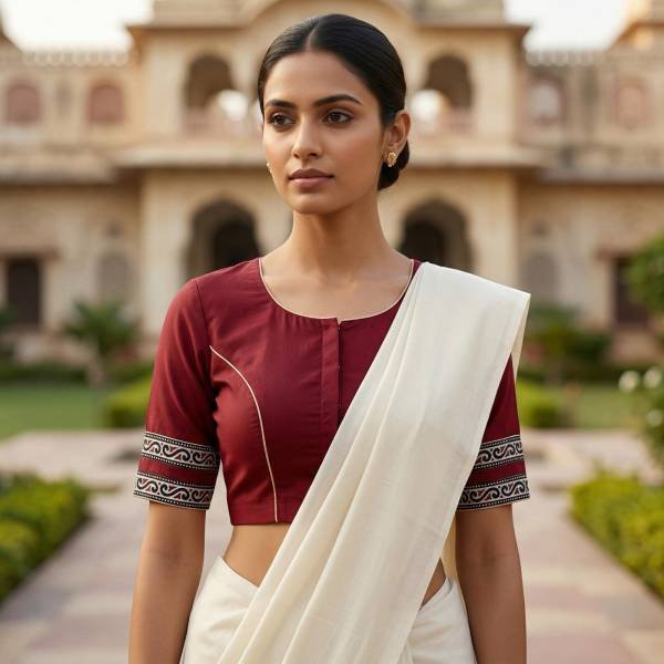 Maroon Pure Cotton Designer Blouse with Back V Neck & Border (Size 30–44) Thumbnail