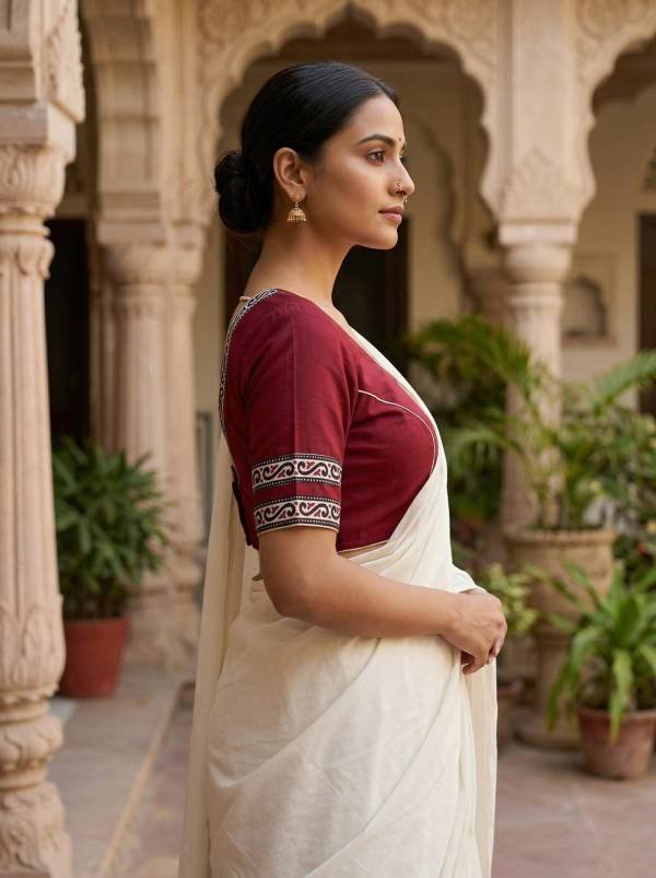 Maroon Pure Cotton Designer Blouse with Back V Neck & Border (Size 30–44) Thumbnail