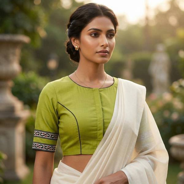 Green Pure Cotton Designer Blouse with Back V Neck & Border (Size 30–44) Thumbnail