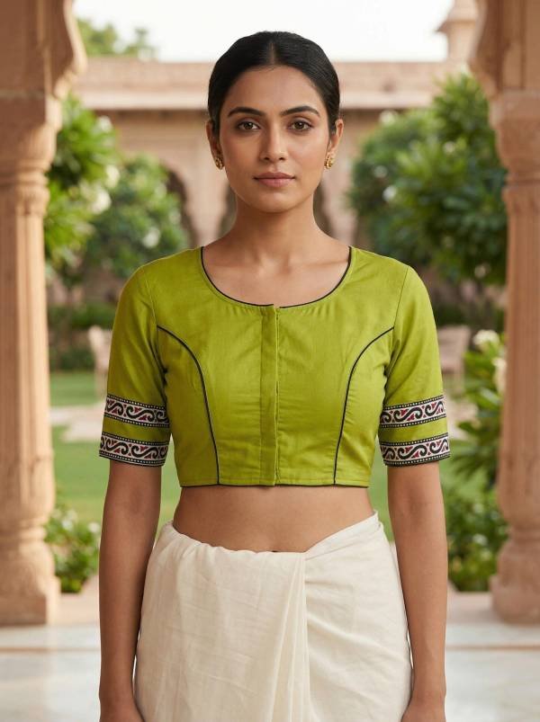 Green Pure Cotton Designer Blouse with Back V Neck & Border (Size 30–44) Thumbnail