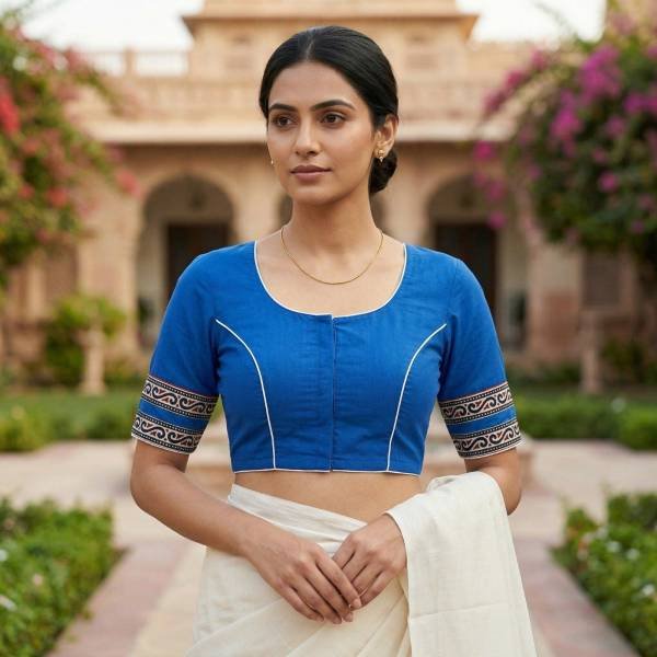 Royal Blue Pure Cotton Saree Blouse – V Neck, Front Hook (Sizes 30–42) Thumbnail