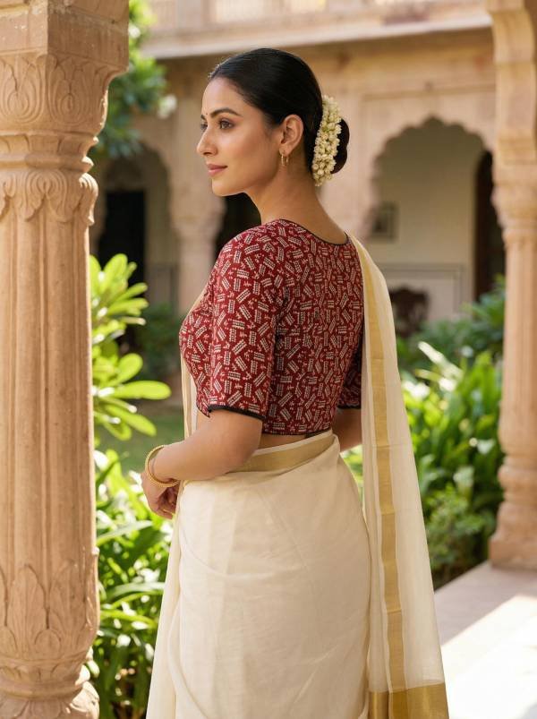 Red Ajrakh Printed Half Sleeve Blouse (Size 30–42) Thumbnail